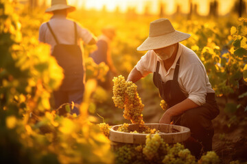 Senior people picking up grapes in the wineyard. Generative AI