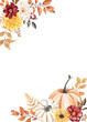 Autumn  with watercolor pumpkins, leaves, and branches. Botanical border with space for text. Hand-painted fall plants illustration. PNG clipart.