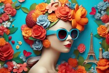 Girl With 3d Multicolored Flowers In Hair And Glasses Collage On Background Bright Flowers And The Eiffel Tower For Postcard Poster Travel Banner Generative AI