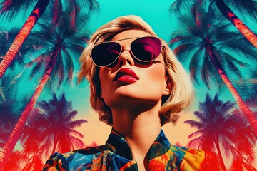 Sexy blonde girl in trendy sunglasses on background of palm trees pin up girl in summer travel illustration for poster, postcard, social network banner Generative AI