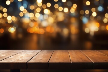 Poster - Restaurant background with blurred bokeh lights on an empty wooden table top.