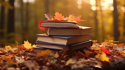 Close-up shot of stacked books with fallen leaves on books in autumn