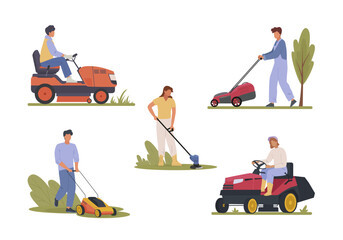 peoples with lawnmowers. simple minimalistic flat male characters with garden lawn mowers, mowing grass in garden. vector cartoon set.