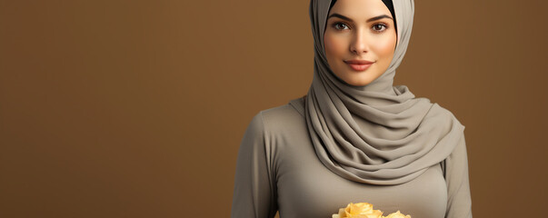 A beautiful Muslim woman with a covered head in a hijab in gray clothes on a neutral background. Place for copy space.