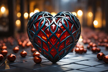 Red Black Luminous Heart On The Background Of Bokeh Effec. Generative AI
