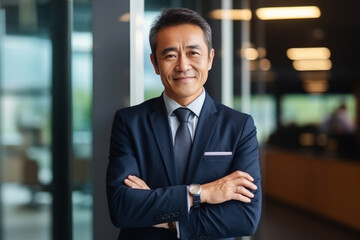 Wall Mural - Happy proud prosperous mid aged mature professional Asian business man ceo executive wearing suit standing in office arms crossed looking away thinking of success, leadership, side profile view.