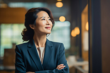 Happy proud prosperous mid aged mature professional Asian business woman ceo executive wearing suit standing in office arms crossed looking away thinking of success, leadership, side profile view.