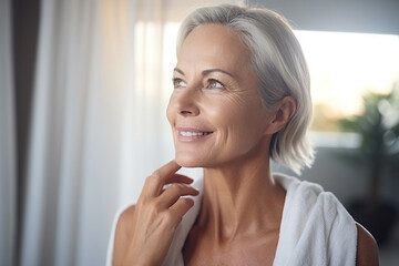 Wall Mural - Headshot of gorgeous mid age adult 50 years old blonde woman standing in bathroom after shower touching face, looking at reflection in mirror doing morning beauty routine. Older skin care concept.