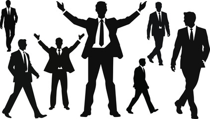 Business men silhouettes set in various poses. Flat vector illustrations. Group of business people. Lawyer, teacher, sales manager, boss, politician, broker.