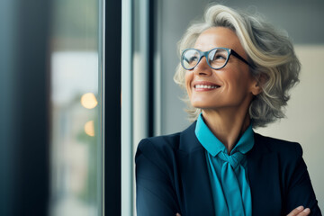 Happy proud prosperous mid aged mature professional business woman ceo executive wearing suit standing in office arms crossed looking away thinking of success, leadership, side profile view