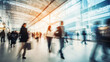 © Nico Vincentini - Background with a blur of a contemporary shopping mall featuring a few consumers. Shoppers strolling through the mall, evident motion blur. Abstractly blurred shoppers carrying shopping bag. Gen. AI