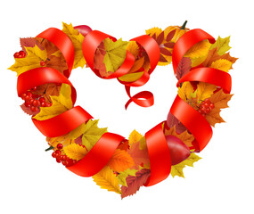 Aufkleber - Autumn colorful forest leaves and a red berries the shape of a heart and red ribbon. Sale Frame. Vector illustration.
