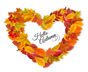 Poster - Autumn colorful forest leaves and a red berries the shape of a heart. Sale Frame. Vector illustration.