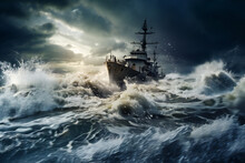 Naval Vessel At Sea During Rough Weather, Storm, Marine Ship, Warship, High Waves