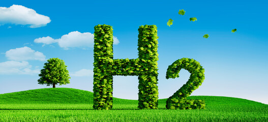 Wall Mural - green energy hydrogen symbol covered with leaves - 3d illustration