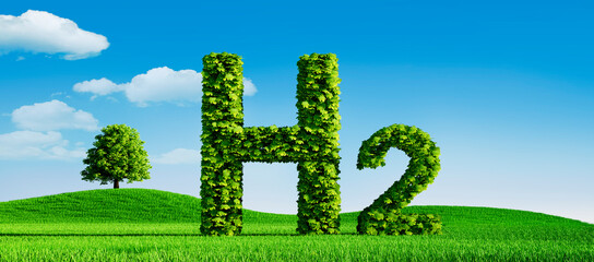 Wall Mural - Green Energy Hydrogen Symbol covered with Leaves - 3D illustration