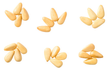 Wall Mural - Roasted pine nuts isolated on the white background, top view.