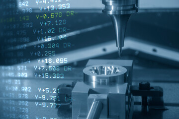 Abstract scene the CNC milling machine cutting injection mold part by solid ball end mill tool and G-code data background.