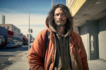 A middle-aged homeless man in worn, dirty attire walks on the sidewalk, bearing the signs of a life marked by challenges and resilience.