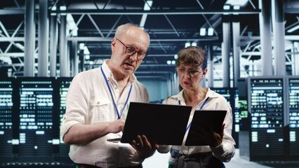 Poster - tech support consultants monitoring energy efficient data center infrastructure. server parts using 
