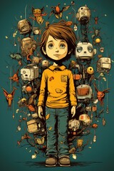 Wall Mural - A young boy surrounded by robots. Generative AI image.