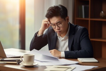 Wall Mural - serious busy young asian professional business man sitting at desk in office