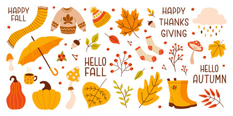 Poster - Colorful autumn set of seasonal elements: leaves, pumpkins, berries, mushrooms and acorns isolated on a white background. Vector cartoon illustration