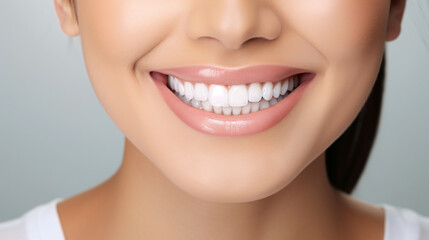 A close-up shot of the lower portion of a woman's face. She boasts a lovely, charming smile with immaculate teeth. Features include her chin, nose, and mouth. Ideal for dental service promotions. AI