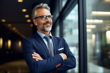 Happy proud prosperous mid aged mature professional business man ceo executive wearing suit standing in office arms crossed looking away thinking of success, leadership, side profile view