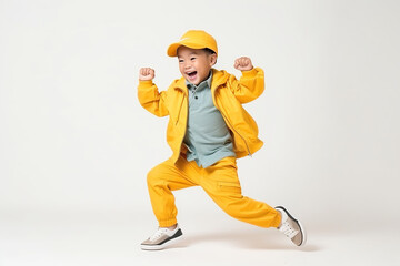 Pretty asian preschool boy in sports clothing doing some fun dance moves