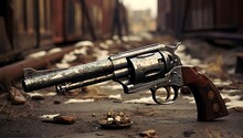 An Old Revolver, A Weapon On The Background Of Maps And The City