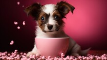 Cute Dog Character In A Cup. Cute Dog On A Gentle Background