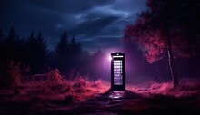 Phone Booth In A Field Or Forest At Night, Fantasy Background
