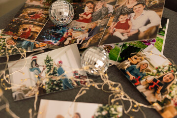 Wall Mural - Photos of children against Christmas lights background.