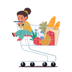 Wall Mural - Adorable Little Girl Sitting Happily In A Supermarket Trolley, With Bright Eyes And A Big Smile, As Her Parents Shop