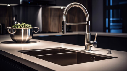 Poster - A modern stainless steel kitchen sink with a tap