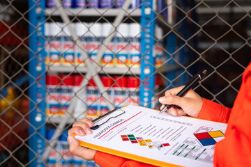 Wall Mural - a worker is checking on the hazardous chemical material information form with background of chemical