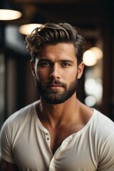 A bearded man in a white shirt