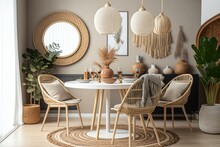 Round Table And Wickered Chairs In Ethnic Style Living Room At Cozy Home. Illustration Generative AI