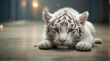 a majestic white tiger resting peacefully on a wooden floor