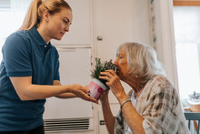 Senior Woman Smelling Potted Plant Held By Female Caregiver At Home