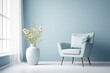 Pastel blue studio with window, flower vase, and armchair for creative interior design. Light blue color background. for web, presentation, or frame.