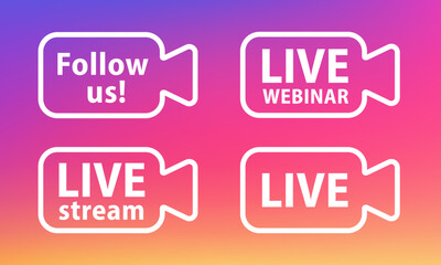 Poster - Live banner in flat style on gradient background. Social media concept. Live, free, video tutorials, webinar, webcast, stream, streaming, football. Concept of social networks. Vector illustration