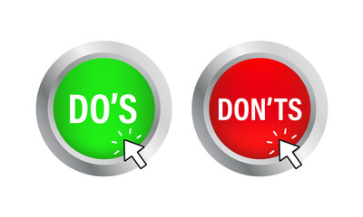 Poster - Do and Don't icons. Check mark and cross. Like and dislike symbols. Positive and negative signs. The mouse cursor clicks on the glossy button. Vector illustration