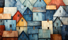 Texture Background, Cityscape Of Colored Houses With Roofs.