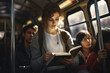 Young college female student reading a book while traveling by public transport. She is sitting on the train.