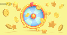Vector 3d Game Icon. Wheel Of Fortune, Roulette With Falling Golden Stars, Money, Coin, Poker Chips. Vector Illustration For Postcard, Icons, Poster, Banner, Web, Design, Arts.
