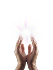 Wall Mural - Mature male Reiki Master healer with cupped hands and a bright energy starlight orb between healing vibes theme transparent png file