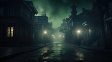 A Lonely Street Lined With Victorian-era Homes Under A Spectral Green Illumination