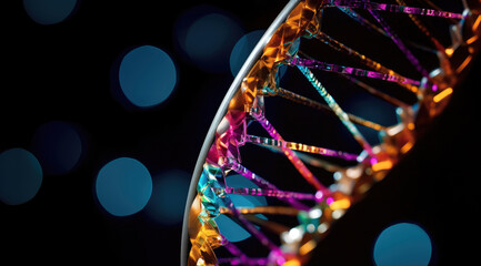 Poster - DNA strand with colorful lights on black background.
